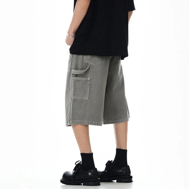Men's American Style Spliced Cargo Shorts Summer Loose Trendyt Straight Leg Niche Design Solid Color Menwear 9W1711