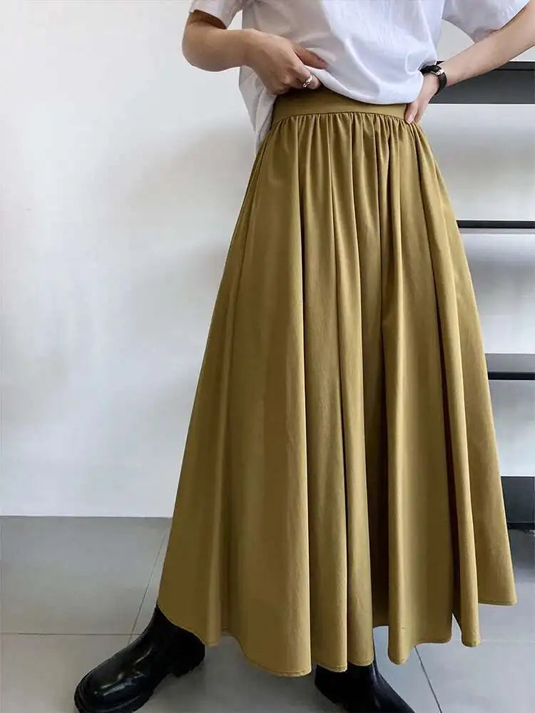 High Waist Apricot Brown Pleated Long Casual A-line Half-body Skirt Women Fashion Tide New Spring Autumn 2025 1DF5093