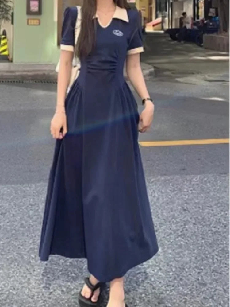 Preppy Style School Student Dress Women Sweet Vintage College Polo Long Dresses Autumn Korean Fashion New in Kpop