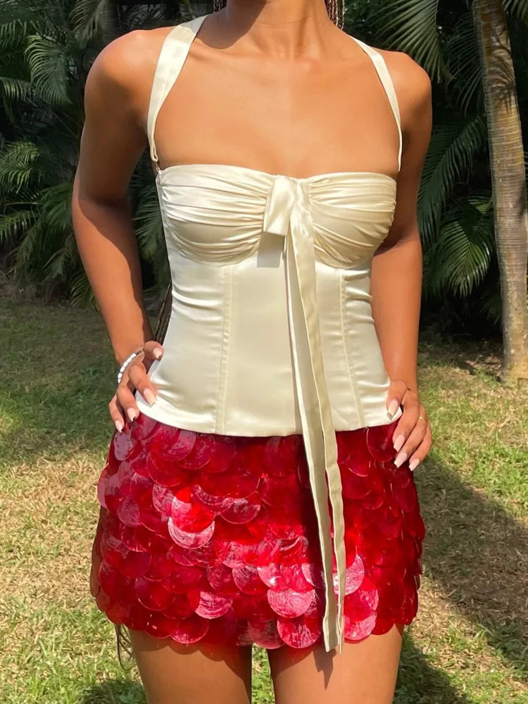 Sexy Strapless Hanging Collar Satin Tight Tie Women Top Vest Elegant Backless Slim Female Vest Spring/summer New 2025