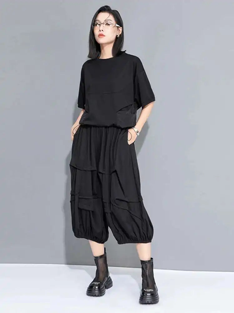 High Elastic Waist Black Pockets Wide Leg Calf-Length Pants New Trousers Women Fashion Tide Spring Autumn 2025 1DH9951