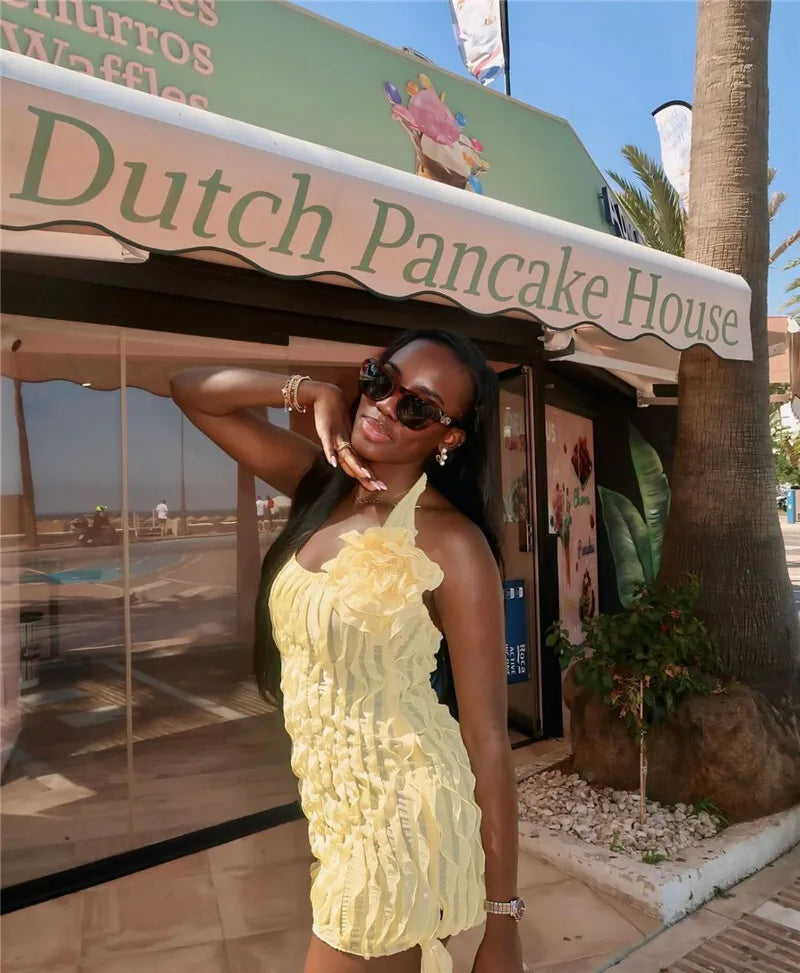 Halter Floral Pleated Sexy Mini Dress For Women Robe Fashion Sleeveless Backless Draped Club Party Dress Elegant