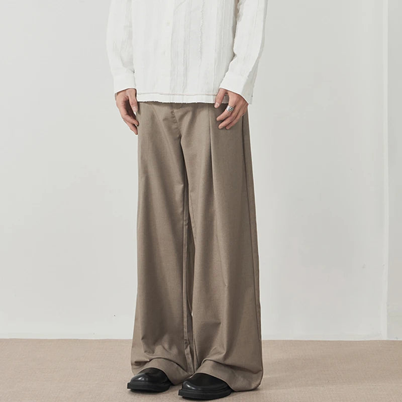 Men's Threedimensional Pleated Suit Pants Straight Trendy Niche Design Fold Solid Color Simple Male Casual Clothing 9W1899