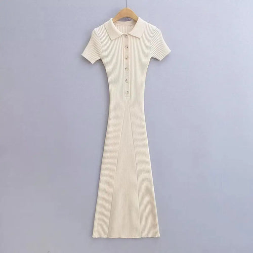 Load image into Gallery viewer, Korean Version Solid Polo Collar Single Breasted Knitted Long Dress Women's Summer Elegant Slim Short Sleeve Wrapped Hip Dresses
