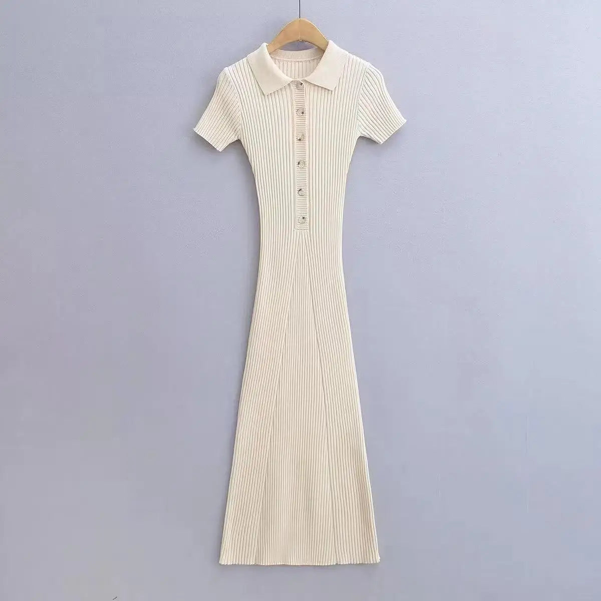 Korean Version Solid Polo Collar Single Breasted Knitted Long Dress Women's Summer Elegant Slim Short Sleeve Wrapped Hip Dresses