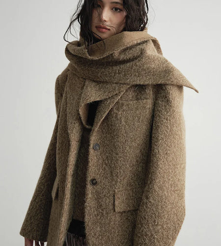 Yellow Elegant Big Size Woolen Coat New Scarf Collar Long Sleeve Women Jacket Fashion Tide Autumn Winter 2025 1DH4052