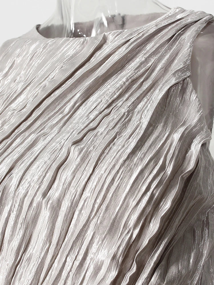 Women Silver Gray Textured Pleated Ruffles Vest Dress New Round Neck Sleeveless Fashion Tide Spring Summer 2025 7AB9278