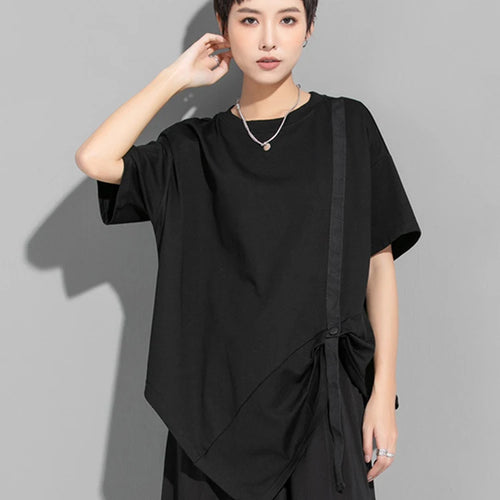 Load image into Gallery viewer, Women White Irregular Pleated Big Size Casual T-shirt New Round Neck Short Sleeve Fashion Tide Spring Summer 2025 1DJ1750
