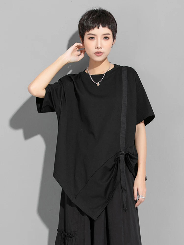 Women White Irregular Pleated Big Size Casual T-shirt New Round Neck Short Sleeve Fashion Tide Spring Summer 2025 1DJ1750