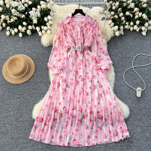 Load image into Gallery viewer, French Retro Romantic Women's Flower Lantern Long Sleeved Pleated Shirt Dress Autumn Print Birthday Party Evening Dress Bohemian
