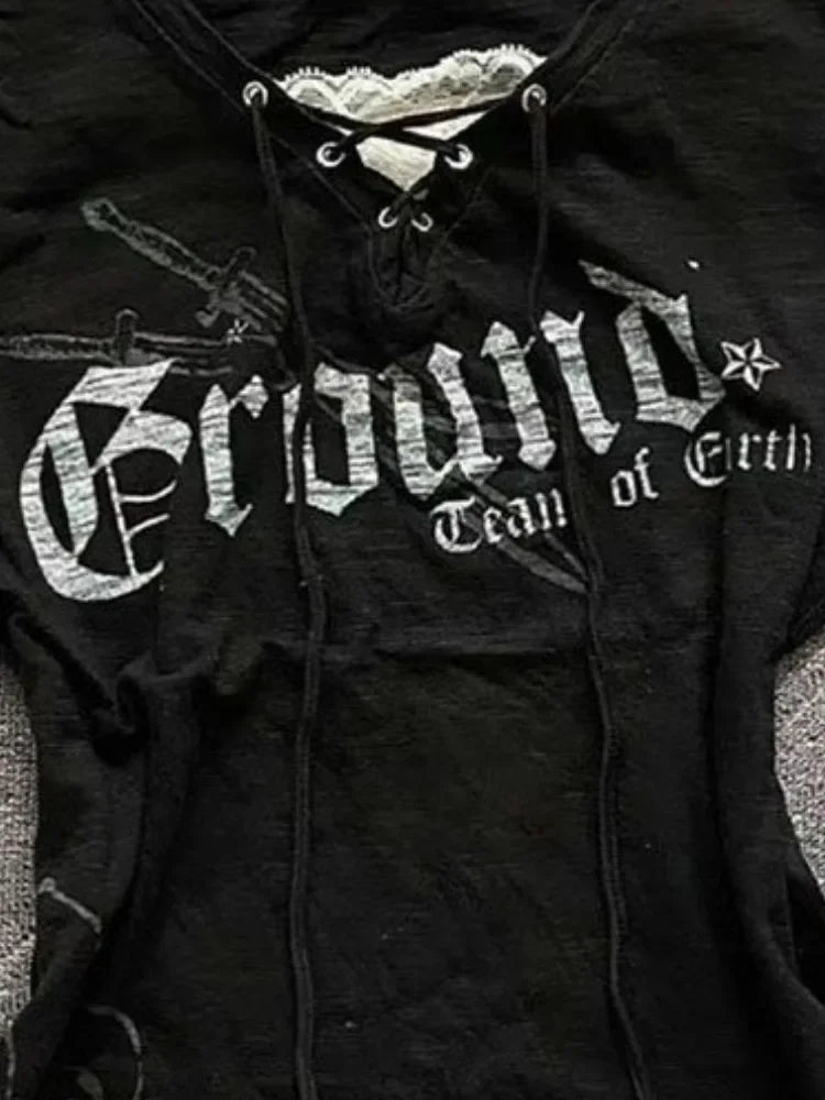 Korean Y2k Aesthetics Fake Two Pieces Bandage T-shirt Streetwear Letter Printing Fairy Grunge Tshirt Harajuku Lace Patchwork Top