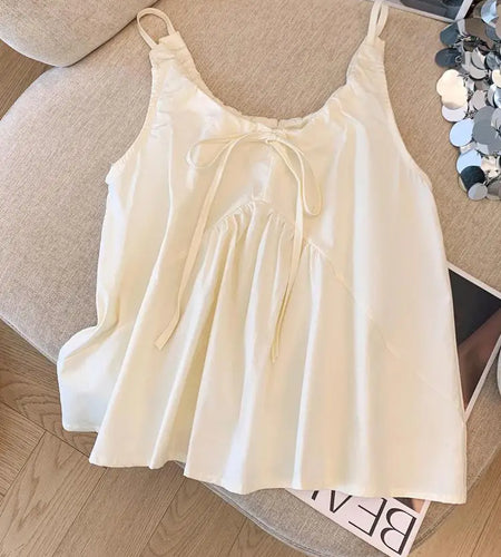 Summer New Women Beige Sleeveless Slip Tops Korean Office Lady Blue Round-neck Sexy Club Slim Lace-up Vest Streetwear Versatile