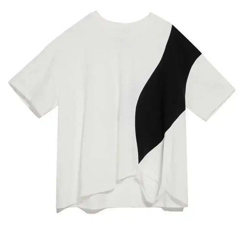 Load image into Gallery viewer, Women White Color-block Irregular Big Size T-shirt New Round Neck Half Sleeve Fashion Tide Spring Summer 2025 1DE8661
