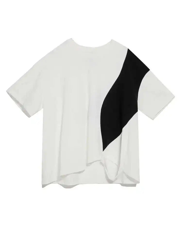 Women White Color-block Irregular Big Size T-shirt New Round Neck Half Sleeve Fashion Tide Spring Summer 2025 1DE8661