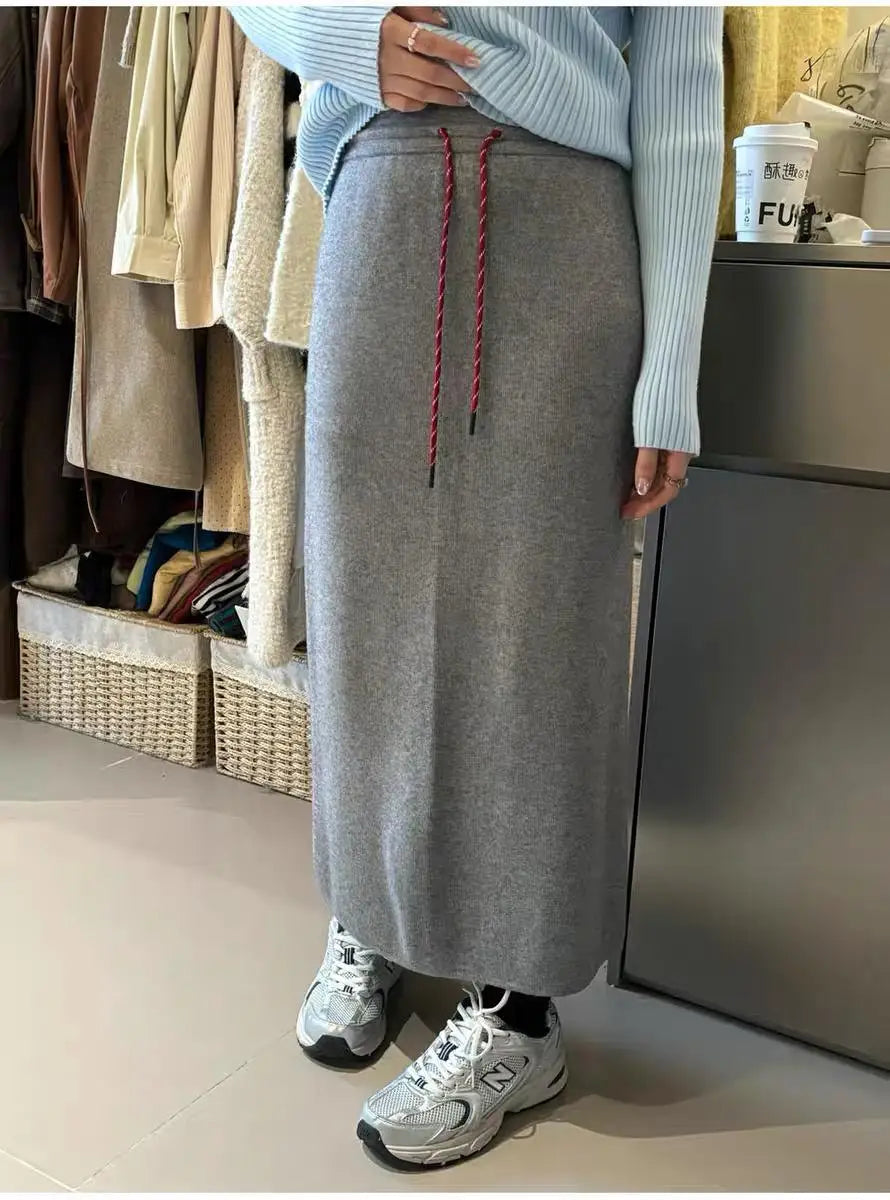 Korean Solid Drawstring Lace-up Elegant High Waist Long Skirt Women Versatile Split Skirt Streetwear 2024 Fashion Autumn Winter