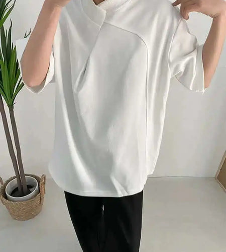 Women White Irregular Big Size Personality T-shirt New Round Neck Half Sleeve Fashion Tide Spring Summer 2025 1DF6438