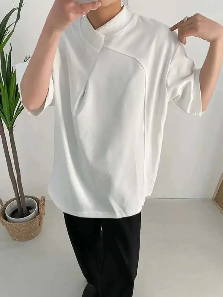 Women White Irregular Big Size Personality T-shirt New Round Neck Half Sleeve Fashion Tide Spring Summer 2025 1DF6438
