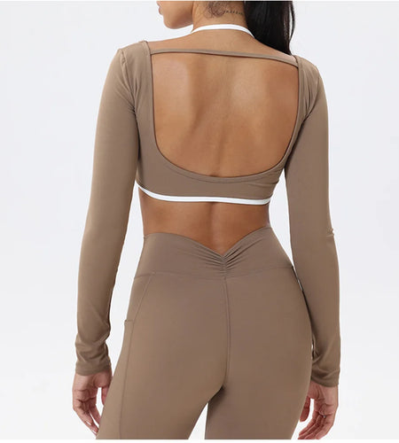 Pad Open Back Strap Long Sleeve T-Shirts Women Sports Crop Top Sexy Exposed Navel Quick Dry Long Sleeve Running Yoga Shirt