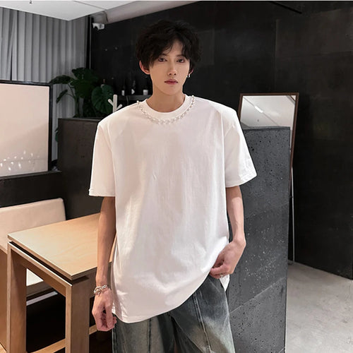 Load image into Gallery viewer, Men's T-shirts Short Sleeve Trendy Round Neck Rivet Pearl Design New Summer Korean Style Pullover Male Loose Tees 9W1913
