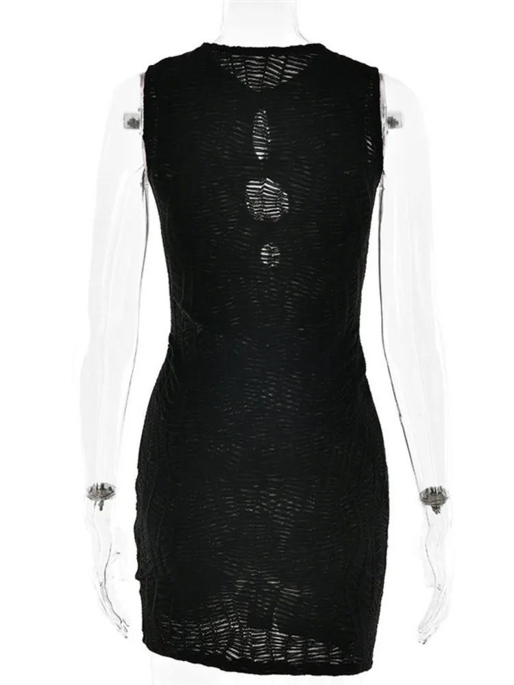 Hollow Out Sleeveless Sexy Mini Dress Women Robe Fashion Summer New Metal Ring Skinny Tank Dress Female Club Dresses