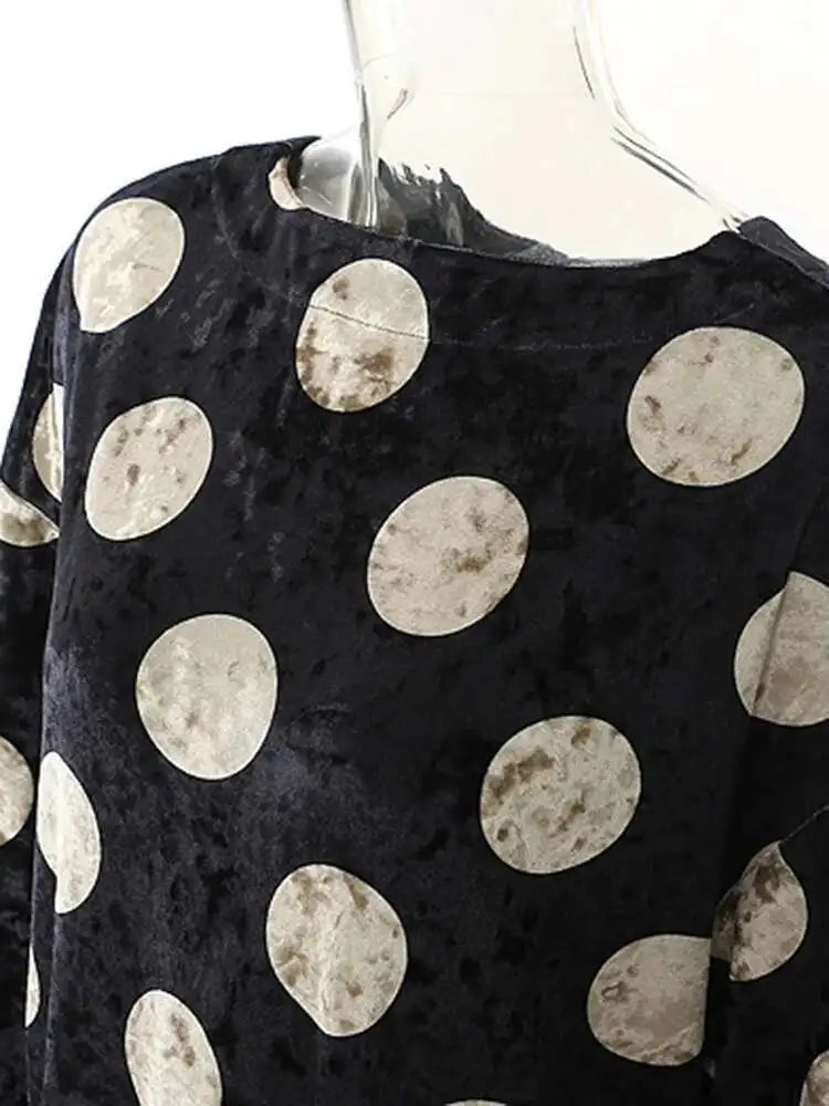Women Black Dot Velvet Big Size Elegant Dress New Round Neck Long Sleeve Loose Fit Fashion Tide Spring Autumn 2025 1DH2819