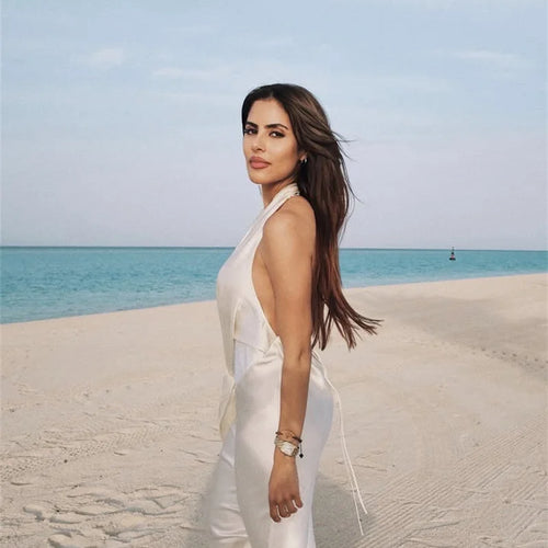 Load image into Gallery viewer, Satin Deep V Neck Backless Sexy Maxi Dress Women Elegant Halter Sleeveless Lace-up High Waist Draped Ruched Long Dress
