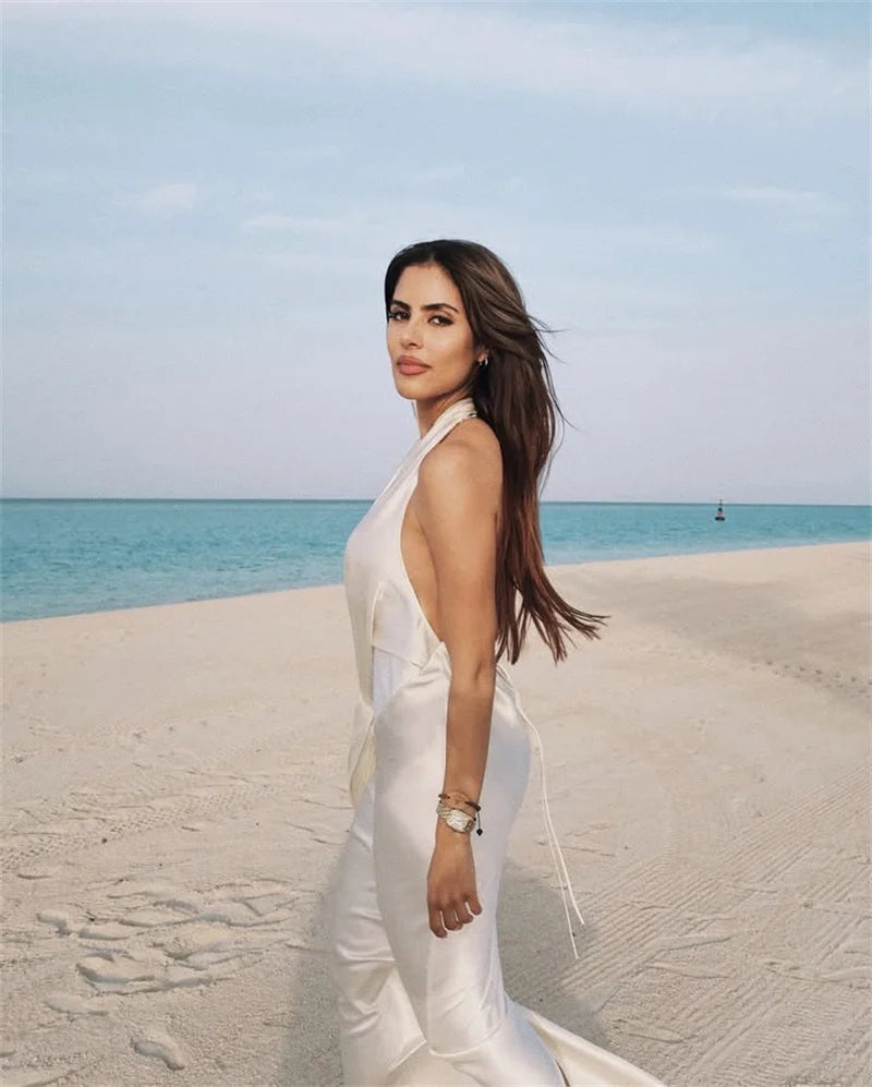 Satin Deep V Neck Backless Sexy Maxi Dress Women Elegant Halter Sleeveless Lace-up High Waist Draped Ruched Long Dress