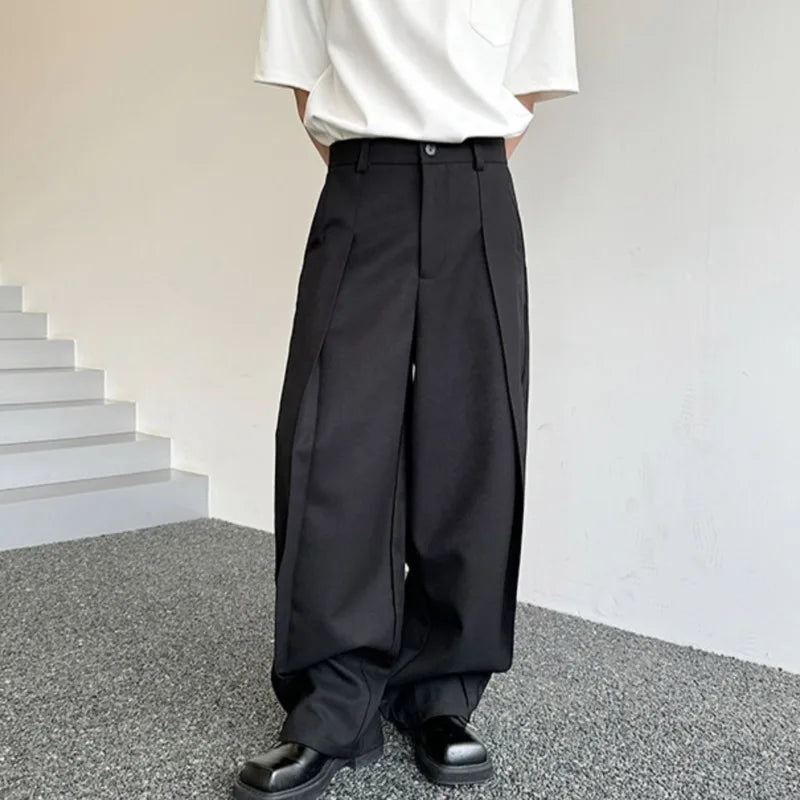 Fashion Trend Wide Leg Pants Men's Summer Individuality Pleated Looes Solid Color Lovers' Trousers Men 9C5805