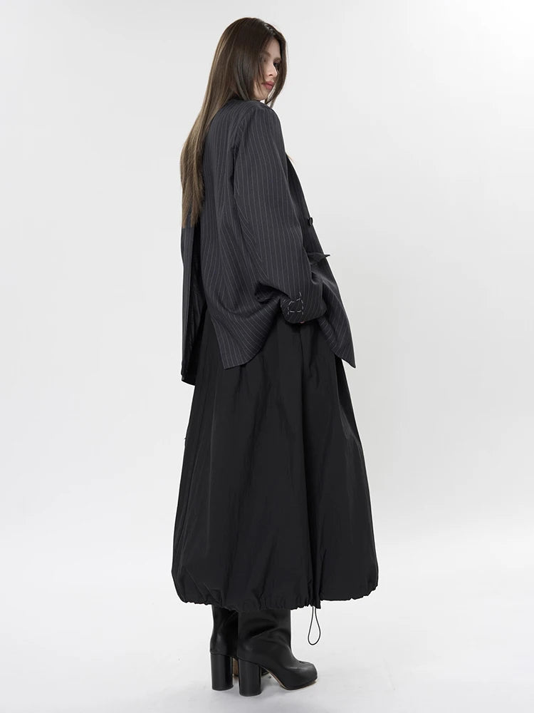 Women Black Gray Striped Back Zipper Slit Big Size Blazer New Lapel Long Sleeve Jacket Fashion Spring Autumn 2025 1DH9499