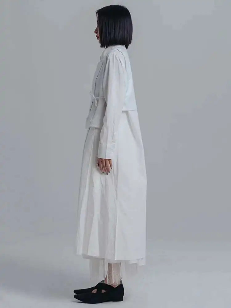 Women White Pleated Irreuglar Big Size Shirt Dress New Lapel Long Sleeve Loose Fit Fashion Tide Spring Autumn 2025 1DE7026