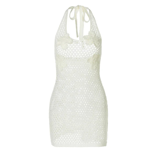 Load image into Gallery viewer, Hollow Out Beach Knit Sexy Mini Dress Women Elegant Halter Lace-up Sleeveless Backless Vacation Club Party Dress
