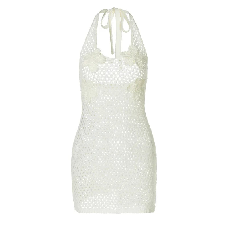 Hollow Out Beach Knit Sexy Mini Dress Women Elegant Halter Lace-up Sleeveless Backless Vacation Club Party Dress