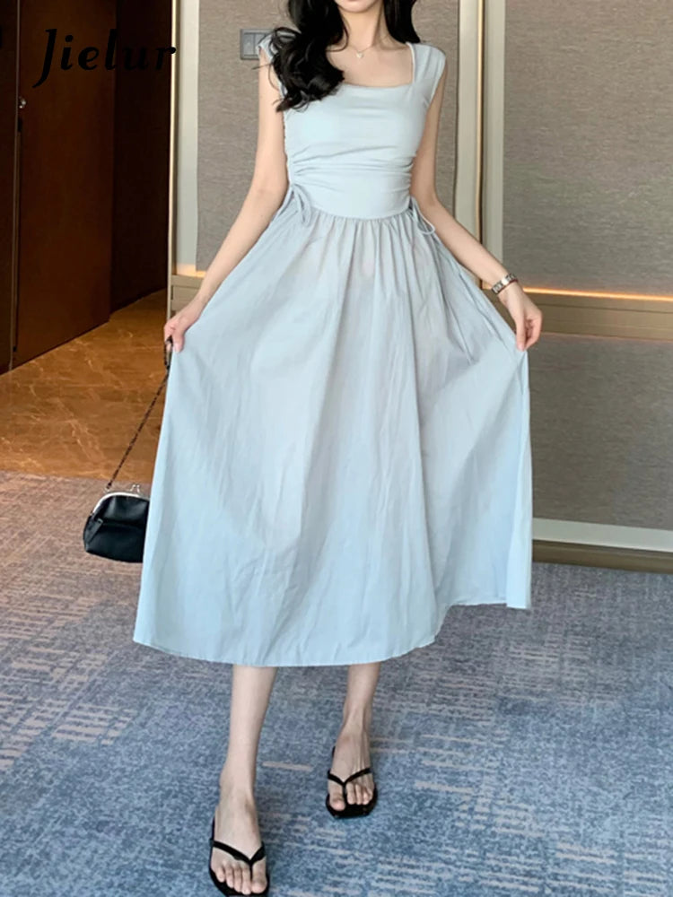 Drawstring Solid Color Chic Women's Dresses Square Neck Sleeveless Elegant Female Tank Dress Casual Streetwear Outfits