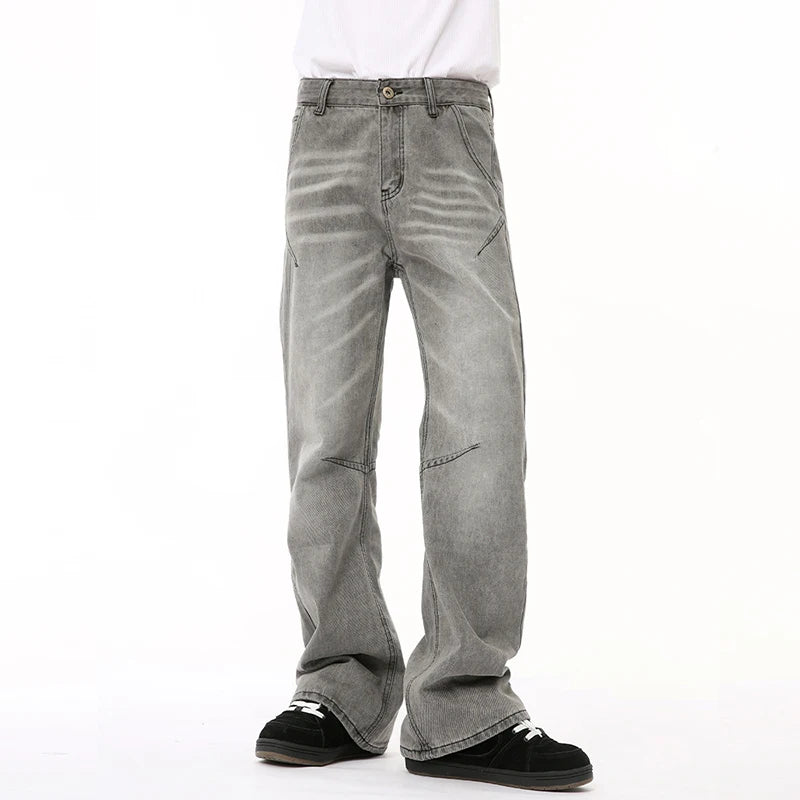 Male Gray Denim Pants New American Style Washed Texture Patchwork Straight Wide Leg Loose Jeans Summer Trendy 9C6678