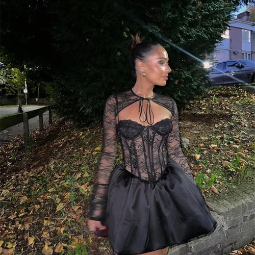 Load image into Gallery viewer, Black Lace Puffball Sexy Mini Dress For Women Fashion Lace-up Sheer Long Flare Sleeve High Waist Club Party Dress
