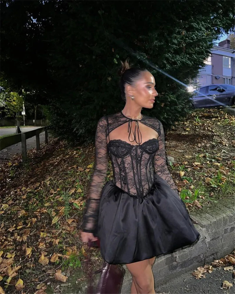 Black Lace Puffball Sexy Mini Dress For Women Fashion Lace-up Sheer Long Flare Sleeve High Waist Club Party Dress