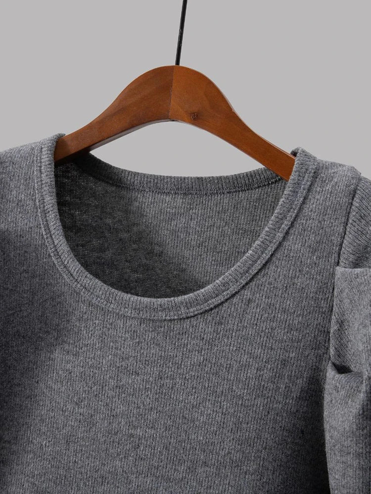 Gray Ruffles Slim Bud Sweater Round Neck Long Puff Sleeve Women Pullovers New Fashion Tide Spring Autumn 2025 1DJ1487