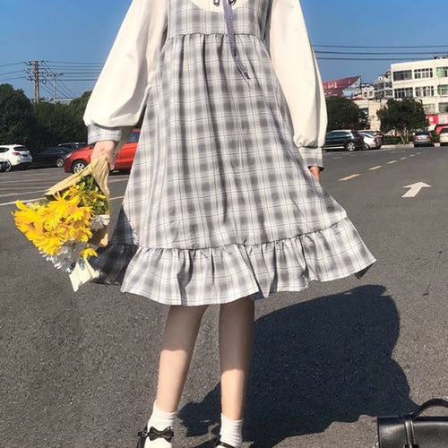 Load image into Gallery viewer, Japanese Sweet Kawaii Lolita Dress Women Preppy Style Ruffles Plaid Cute Dresses School Student Spring Robes Female
