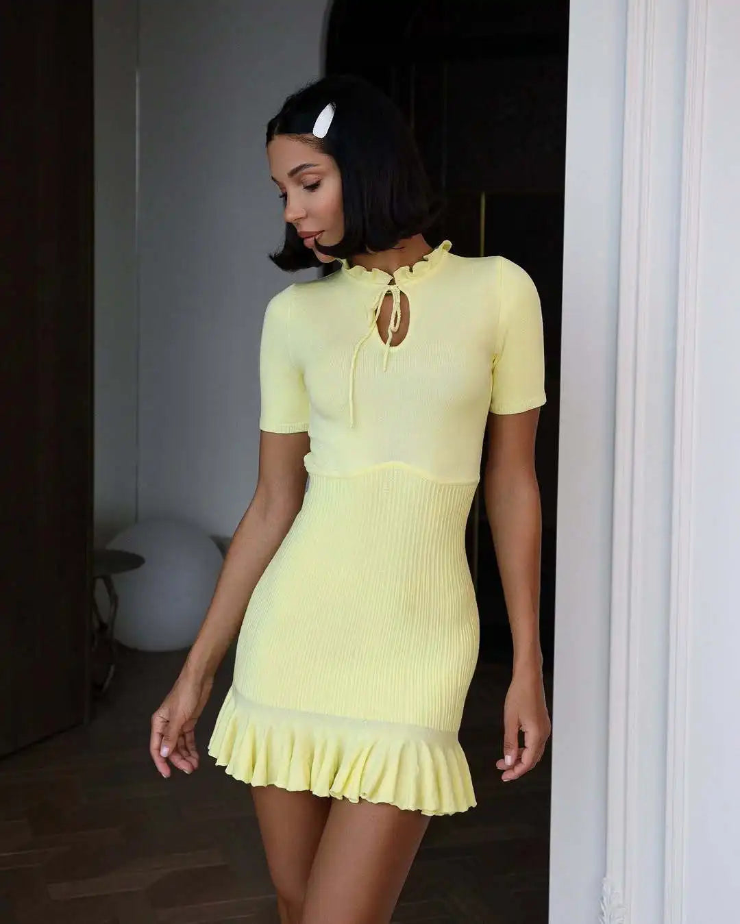 Summer Short Sleeve Ruffle Mini Dress Women Sweater Pullover Elegant Fashion Hollow Out Ribbed Slim High Waist Dress