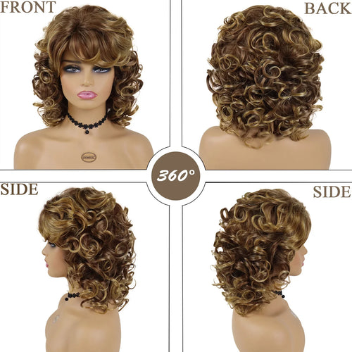 Load image into Gallery viewer, Synthetic Hair Mix Brown Short Curly Wigs for Women African American Wig Afro Curl Natural Wig with Bangs Can Be Permed
