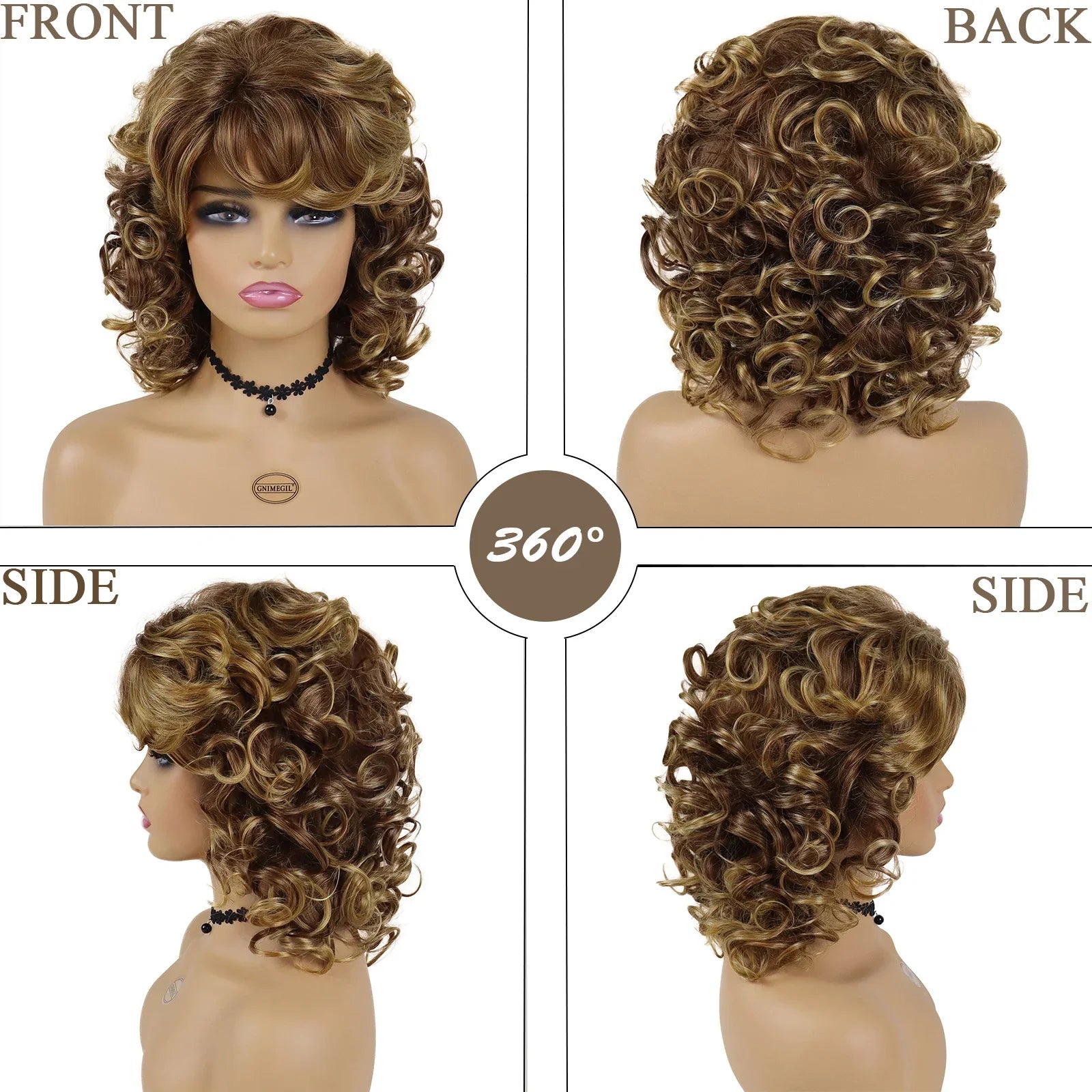 Synthetic Hair Mix Brown Short Curly Wigs for Women African American Wig Afro Curl Natural Wig with Bangs Can Be Permed