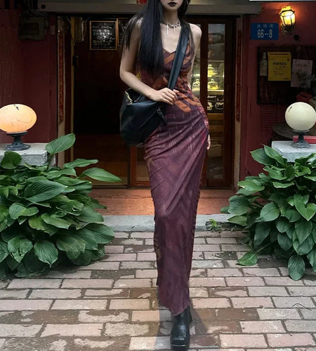 Abstract Brown Print Mesh Summer Dress Sexy Spaghetti Strap V-neck Backless Maxi Dresses Woman 2024 P70-CF30