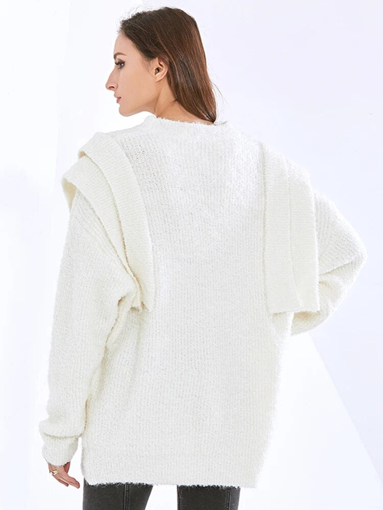Folds Knitting Solid Sweaters For Women Round Neck Long Sleeve Pullover Casual Loose Sweater Female Fashion Clothes