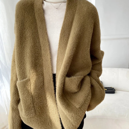 Load image into Gallery viewer, Big Size Camel Cashmere Knitting Cardigan Sweater Loose Fit V-Neck Long Sleeve Women New Fashion Autumn Winter 2025 1DD252
