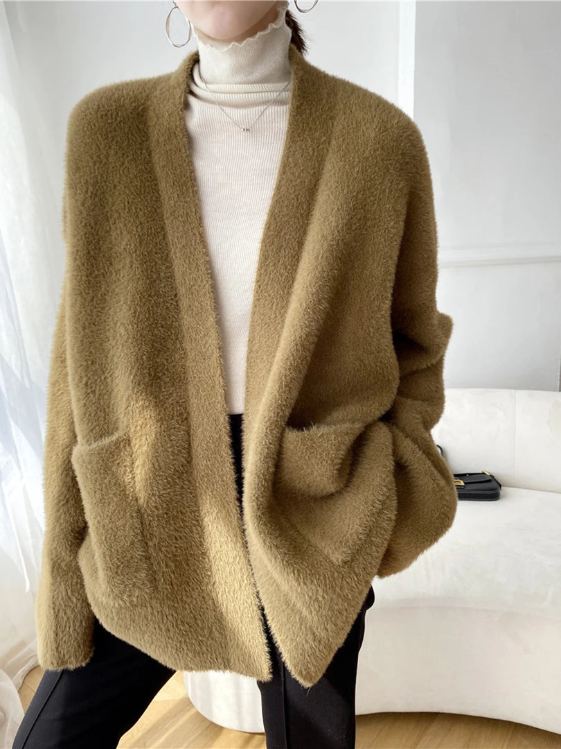 Big Size Camel Cashmere Knitting Cardigan Sweater Loose Fit V-Neck Long Sleeve Women New Fashion Autumn Winter 2025 1DD252