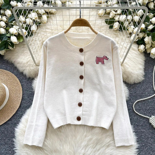 Load image into Gallery viewer, Women Ladies Fashion Embroidery Cardigans Tops Spring Autumn Y2k Vintage Round Neck Single Breasted Short Knitted Sweater Street
