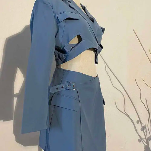 Load image into Gallery viewer, Women Blue Cross Buckle Hollow Out Blazer Dress New Lapel Long Sleeve Loose Fit Fashion Tide Spring Autumn 2025 1DE3323
