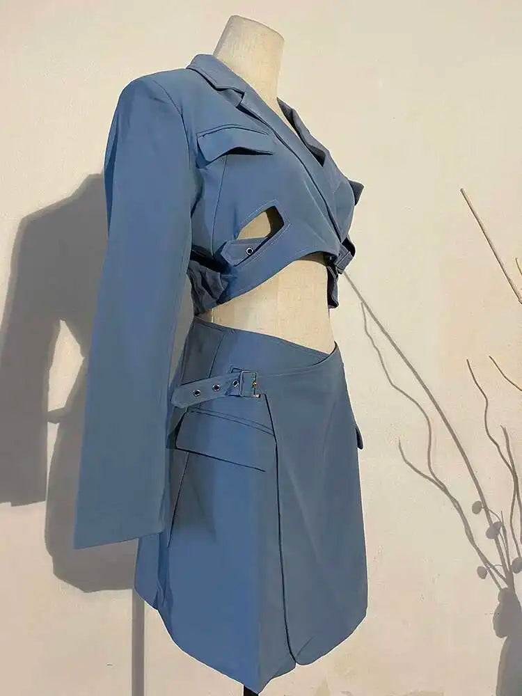 Women Blue Cross Buckle Hollow Out Blazer Dress New Lapel Long Sleeve Loose Fit Fashion Tide Spring Autumn 2025 1DE3323