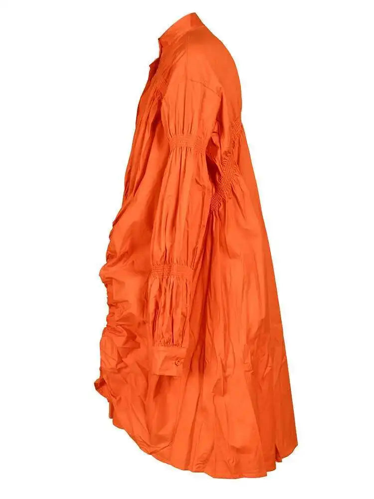 Women Orange Irregular Pleated Big Size Dress New Stand Collar Long Sleeve  Fashion Tide Spring Autumn 2025  1DF4807115