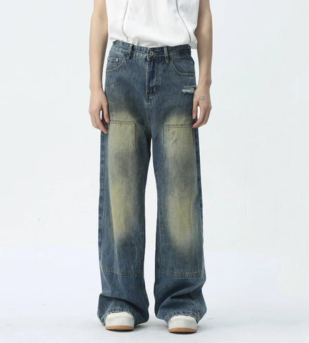 Make Old Men Jeans Trend Patchwork Pocket Zipper Casual Male Denim Pants New Fashion Wide Leg Trousers Summer 9C5420